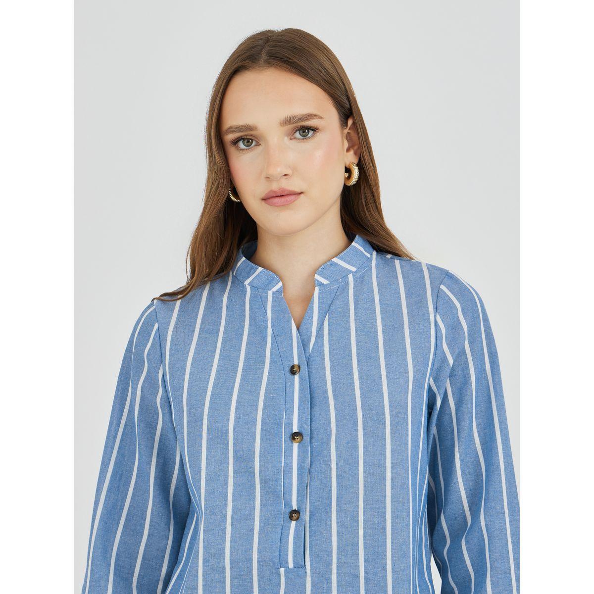 Styli Striped Button Front Stand Collar Shirt-women-clothing-shirtsandblouses-shirts-image-3