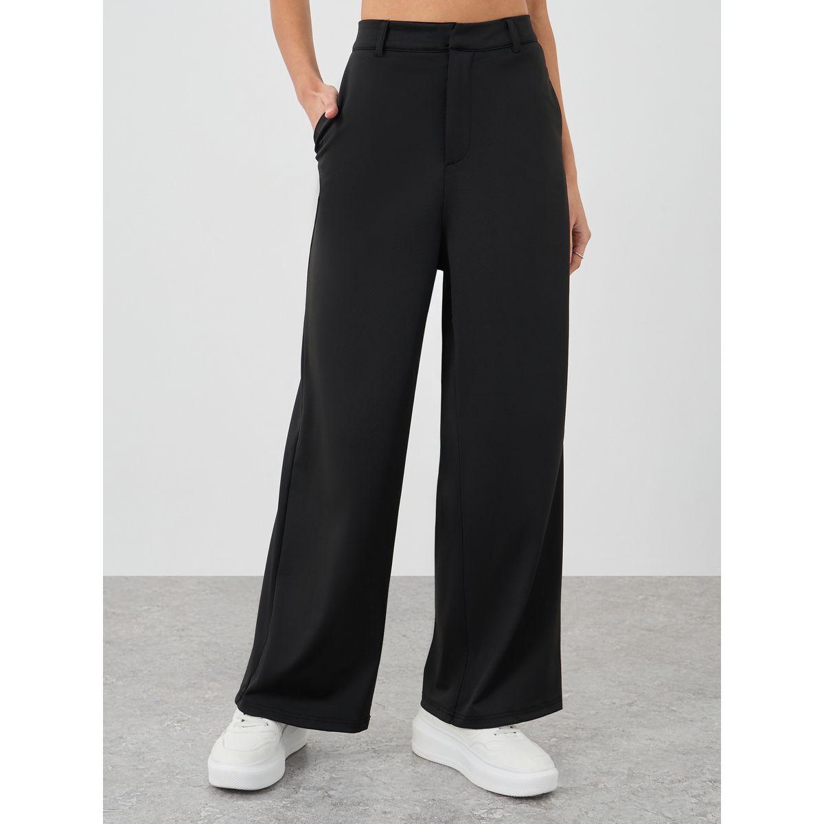 Styli Women Black Stretch Wide Leg Pants with Side Pockets-women-clothing-bottoms-trousers-image-2