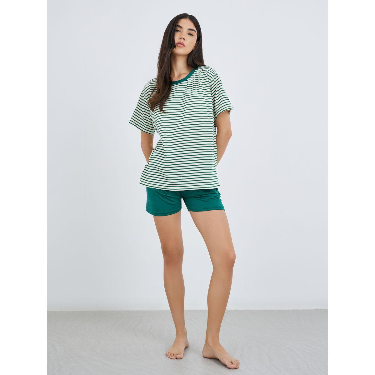 Styli Striped Round Neck T-Shirt and Shorts Set-women-clothing-nightwear-pyjamas-shortsets-image-1