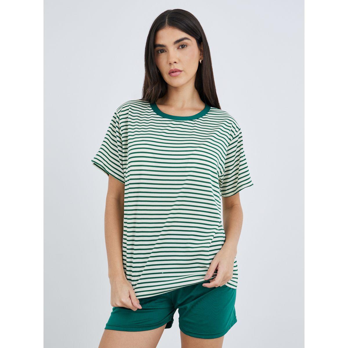 Styli Striped Round Neck T-Shirt and Shorts Set-women-clothing-nightwear-pyjamas-shortsets-image-2