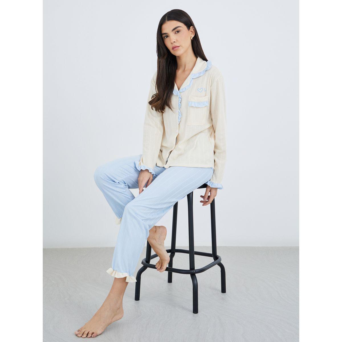 Styli Ruffled Edge Textured Shirt and Pyjama Set-women-clothing-nightwear-pyjamas-longsets-image-1