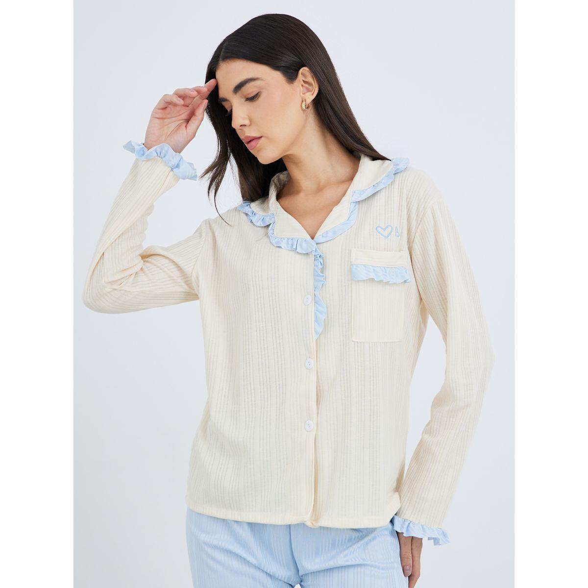 طقم منسق من بنطال بيجاما وبلوزة بتفاصيل كشكش-women-clothing-nightwear-pyjamas-longsets-image-3