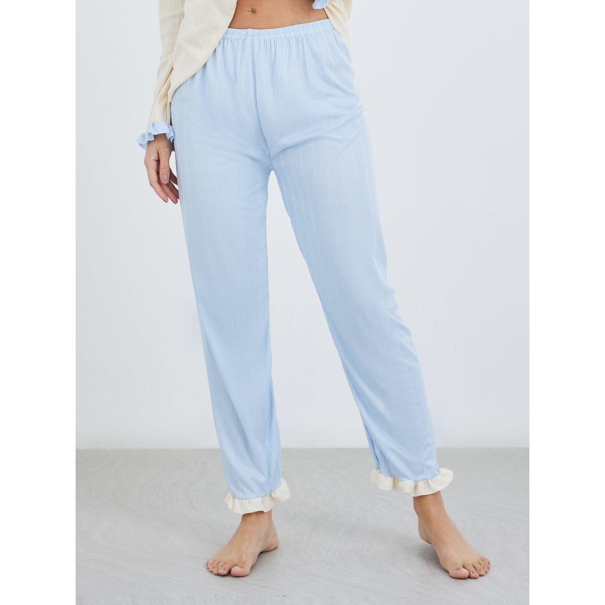 Styli Ruffled Edge Textured Shirt and Pyjama Set-women-clothing-nightwear-pyjamas-longsets-image-5