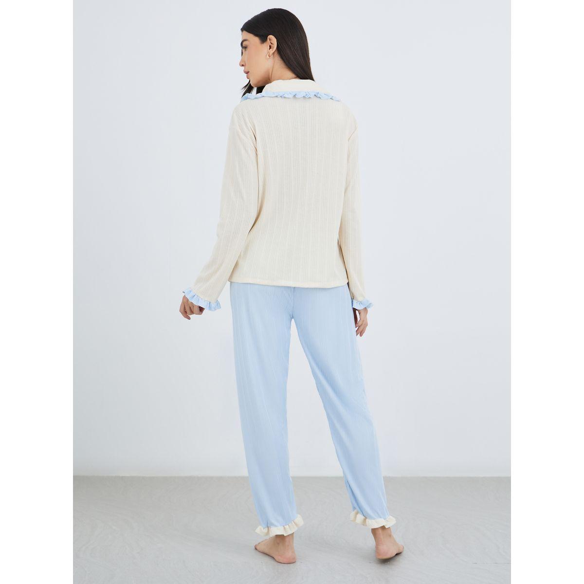 طقم منسق من بنطال بيجاما وبلوزة بتفاصيل كشكش-women-clothing-nightwear-pyjamas-longsets-image-6