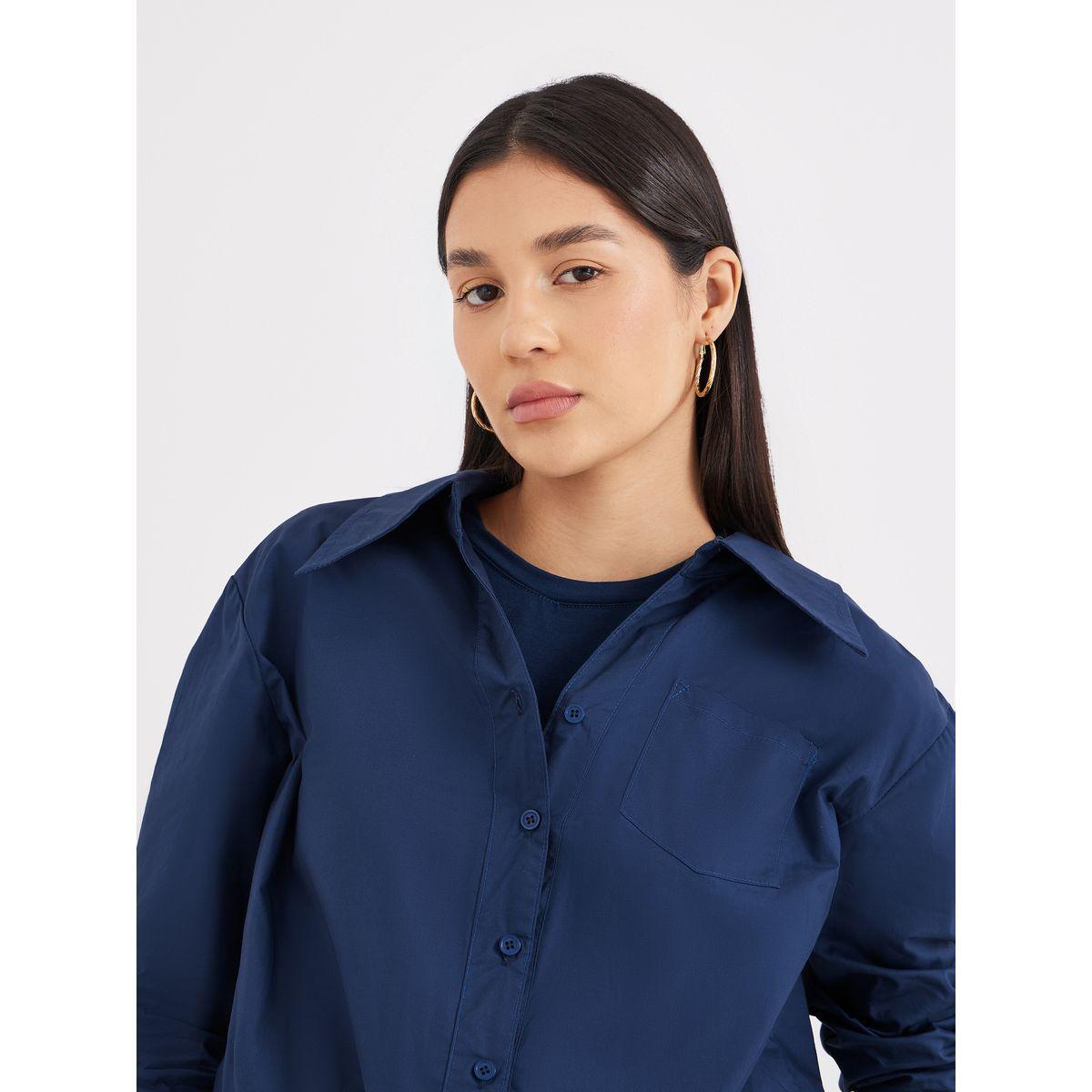 Styli Women Navy Blue Plain Collared Shirt-women-clothing-shirtsandblouses-shirts-image-3