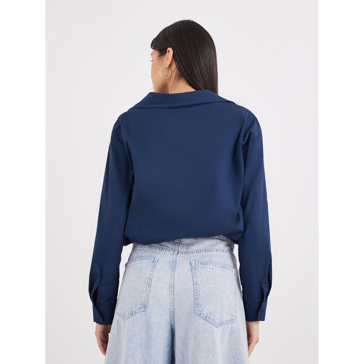 Styli Women Navy Blue Plain Collared Shirt-women-clothing-shirtsandblouses-shirts-image-4