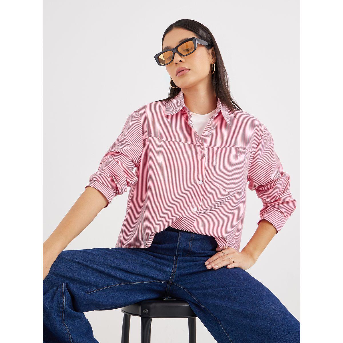 Styli Women Red Striped High-Low Hem Shirt-women-clothing-shirtsandblouses-shirts-image-1