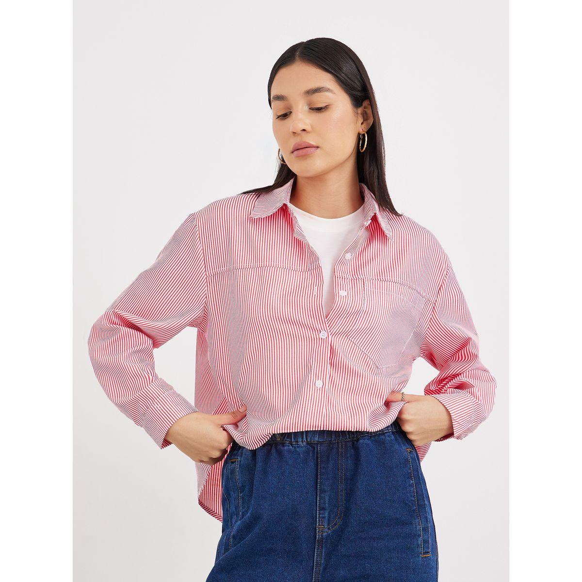 بلوزة مخططة بحافة غير متماثلة الطول-women-clothing-shirtsandblouses-shirts-image-2