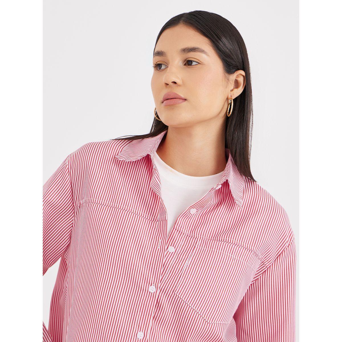بلوزة مخططة بحافة غير متماثلة الطول-women-clothing-shirtsandblouses-shirts-image-4