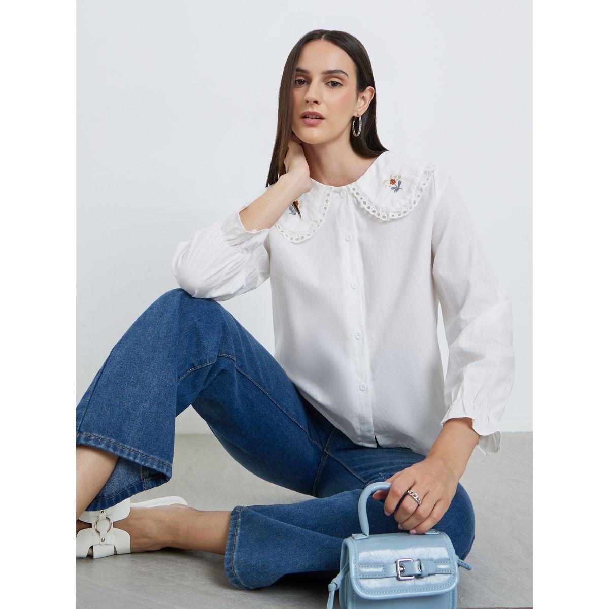 Styli White Lace Insert Embroidered Detail Long Sleeve Top-women-clothing-shirtsandblouses-blouses-image-1