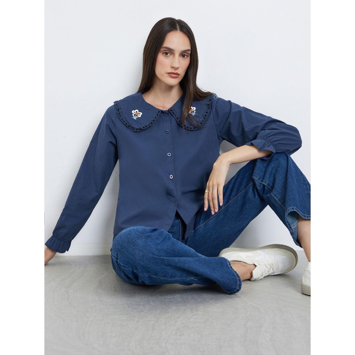 بلوزة بتفاصيل مُطرّزة ودانتيل مع أكمام طويلة-women-clothing-shirtsandblouses-blouses-image-1