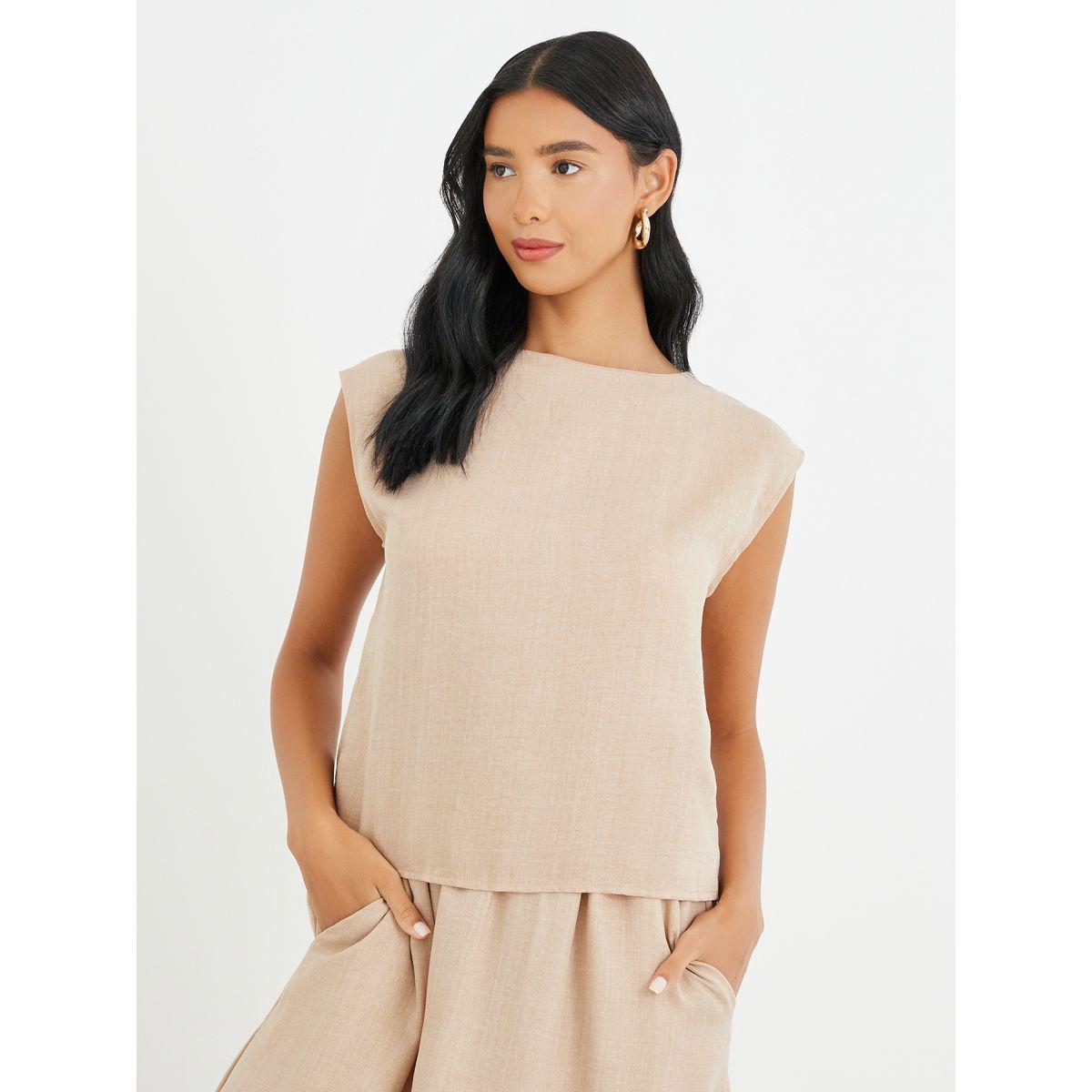 طقم منسق من تنورة ميدي وبلوزة سادة بلا أكمام-women-clothing-coordsets-image-2