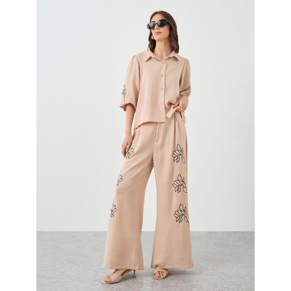 Styli Floral Embroidered Boxy Shirt and Pants Co-Ords-women-clothing-coordsets-image-1