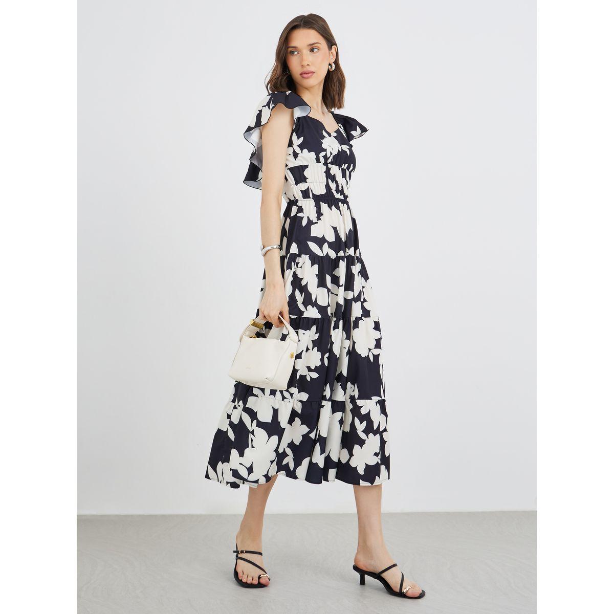 Styli Floral Print Ruffle Sleeves A-Line Midi Dress-women-clothing-dresses-image-1