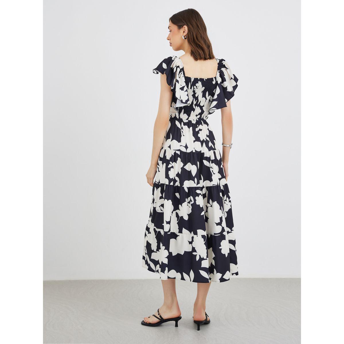 فستان ميدي مطبع بزهور مع أكمام بكشكش-women-clothing-dresses-image-5