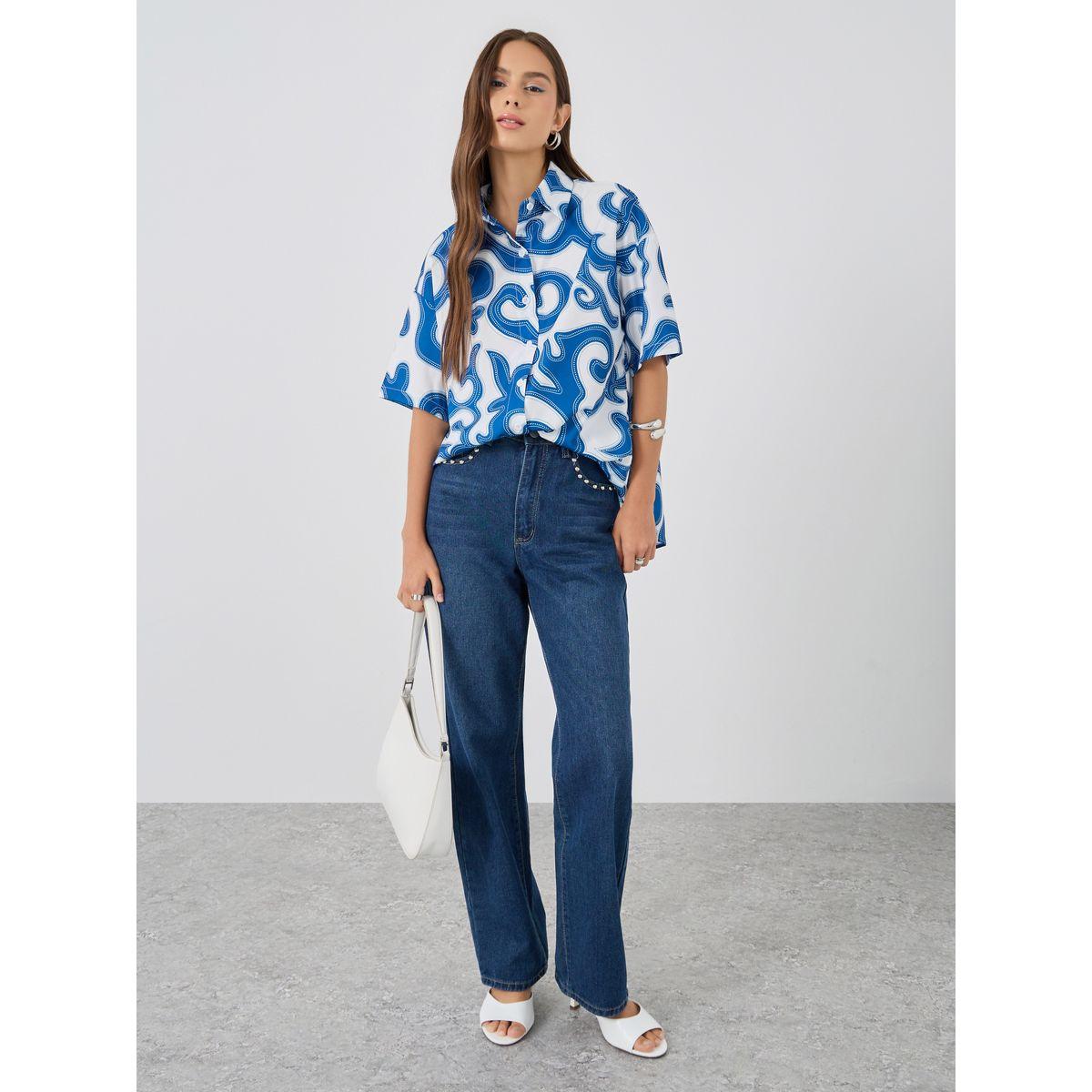 بلوزة فضفاضة مطبعة بأكمام قصيرة-women-clothing-shirtsandblouses-shirts-image-2