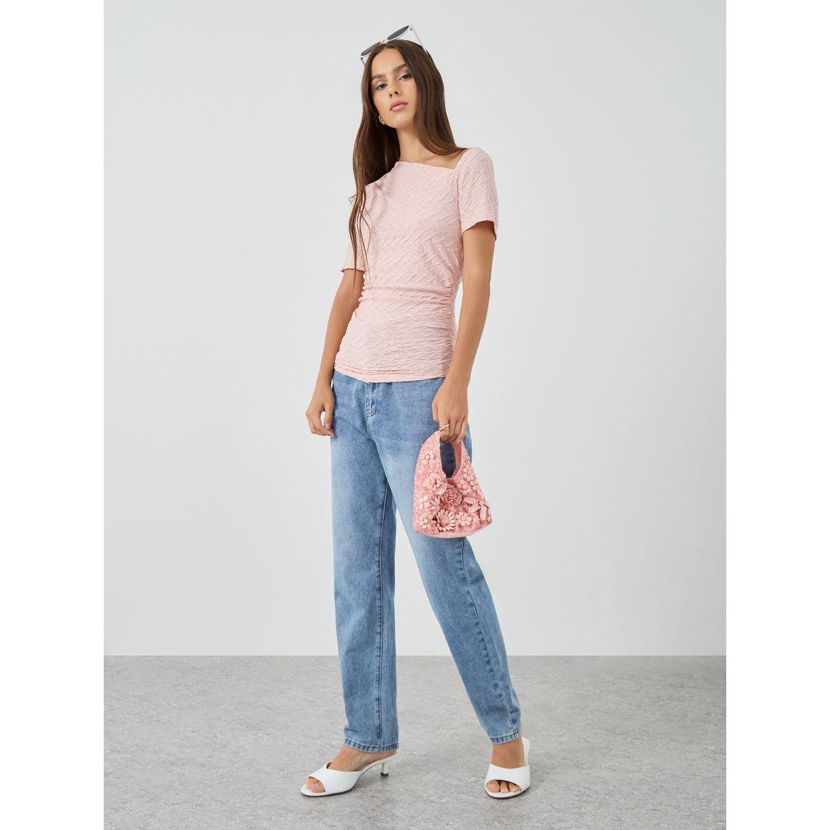 بلوزة محبوكة بياقة غير متماثلة الطول-women-clothing-tshirts-image-2