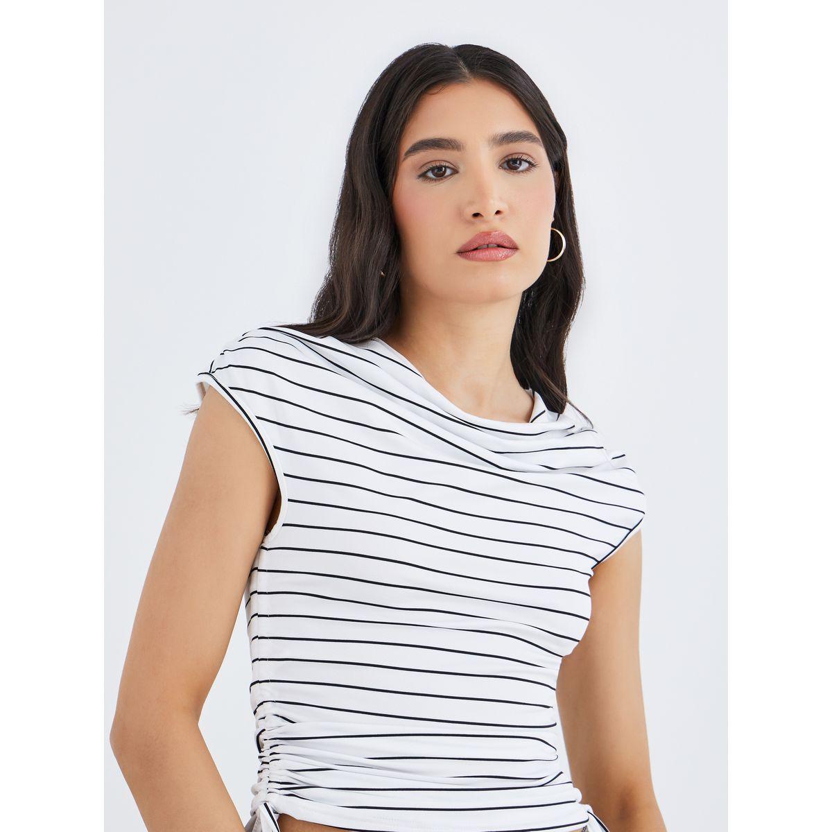 تيشيرت مخطط بتفاصيل وتفاصيل خصر مزمومة-women-clothing-tshirts-image-3