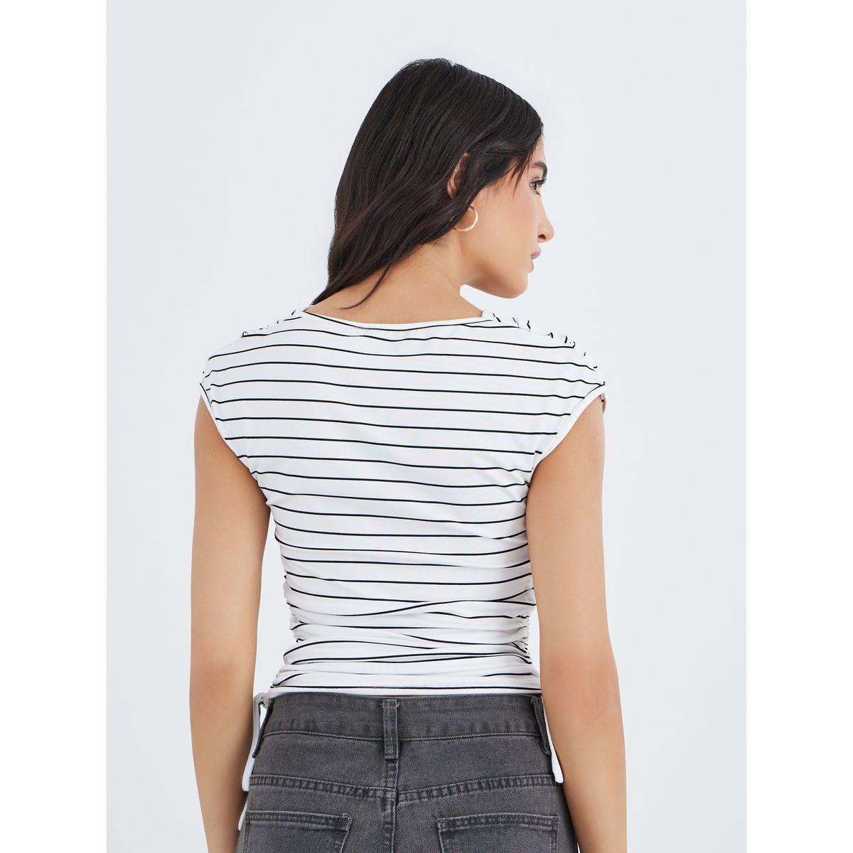 تيشيرت مخطط بتفاصيل وتفاصيل خصر مزمومة-women-clothing-tshirts-image-4