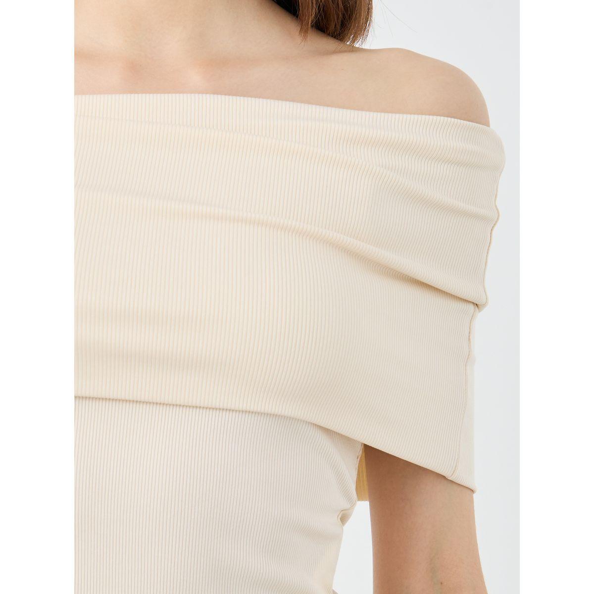 Styli Beige Solid Off Shoulder Knit Top-women-clothing-tshirts-image-3