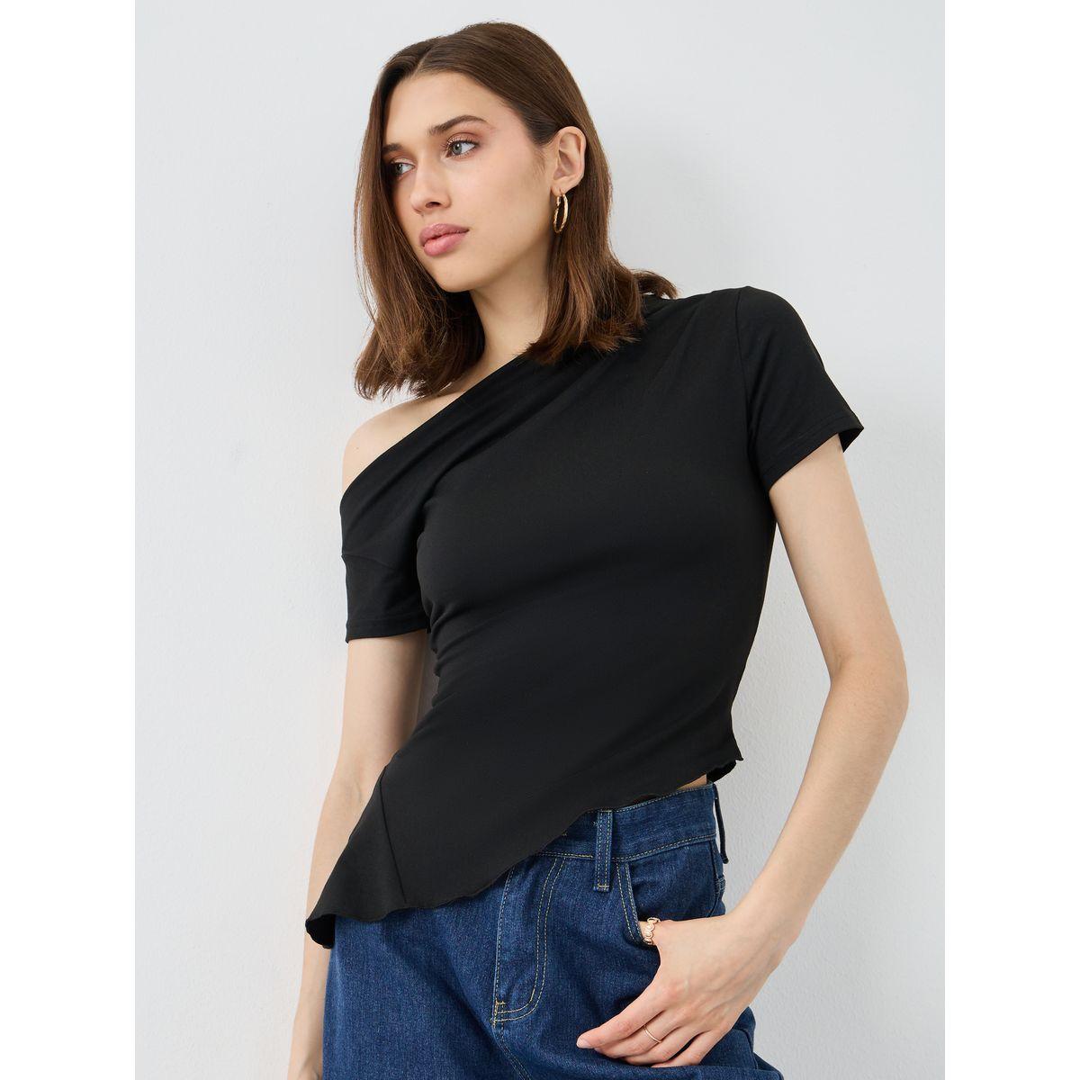 Styli Black Asymmetric Neck Fitted T-Shirt-women-clothing-tshirts-image-1