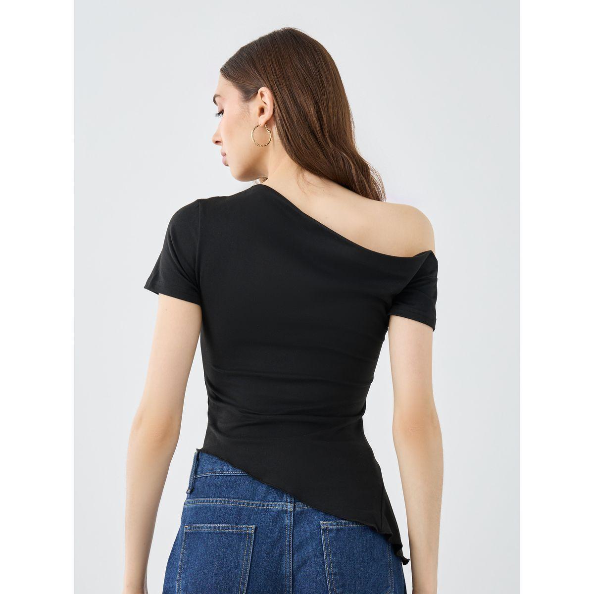 Styli Black Asymmetric Neck Fitted T-Shirt-women-clothing-tshirts-image-4