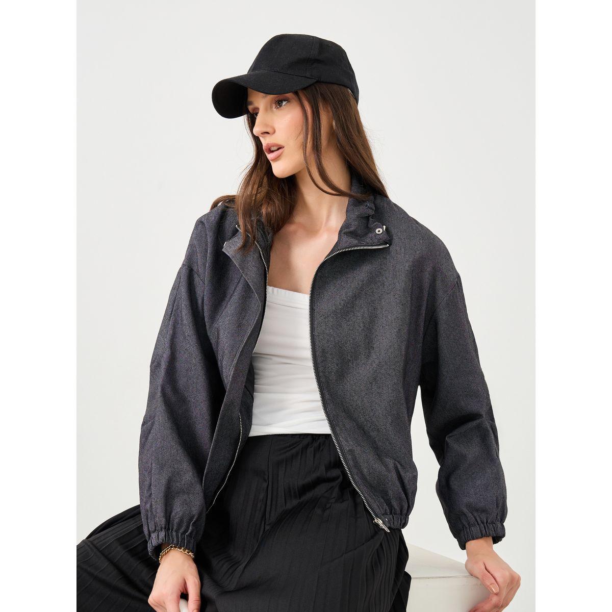 Styli Women Black Regular Fit Denim Bomber Jacket-women-winterwear-coatsandjackets-jackets-image-1