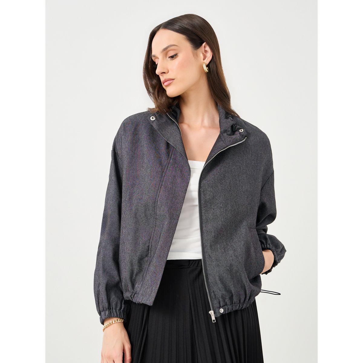 Styli Women Black Regular Fit Denim Bomber Jacket-women-winterwear-coatsandjackets-jackets-image-4