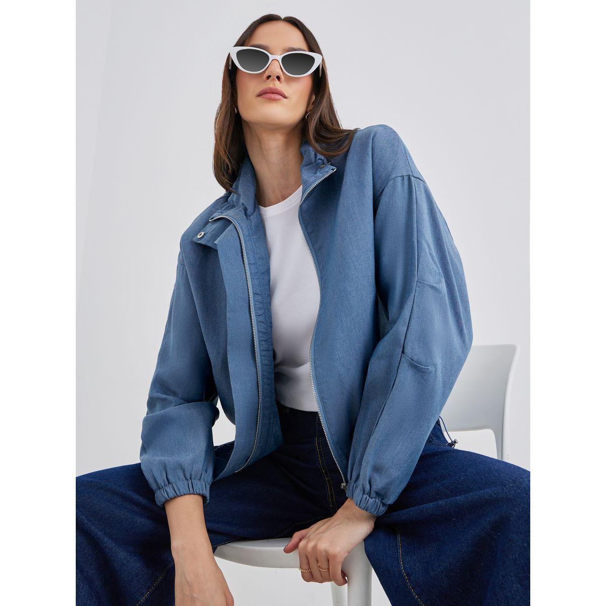 Styli Women Medium Blue Regular Fit Denim Bomber Jacket-women-winterwear-coatsandjackets-jackets-image-1