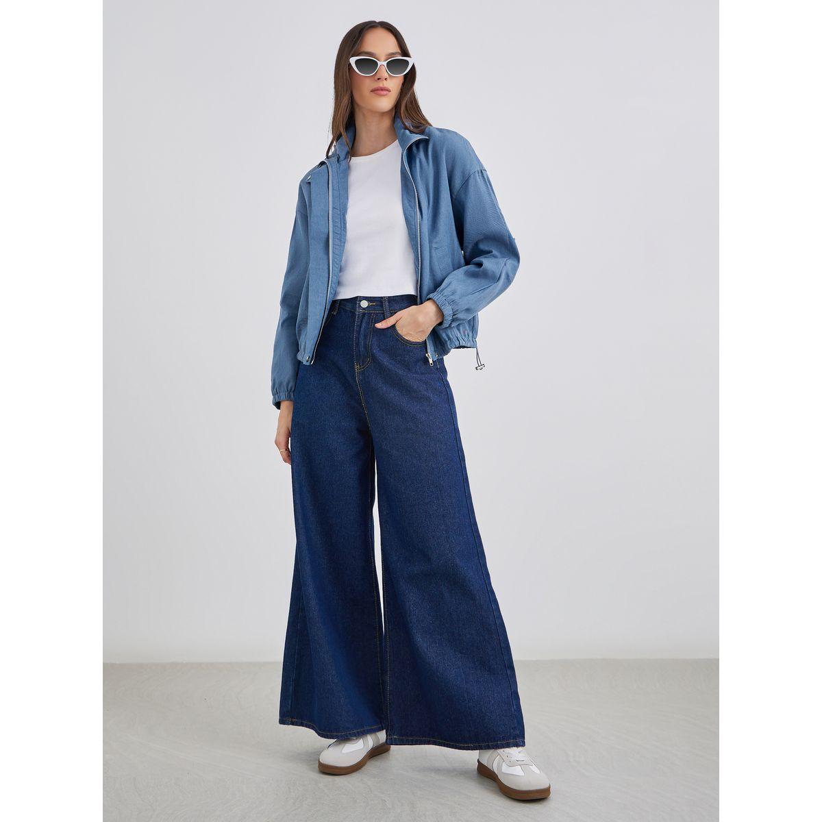 Styli Women Medium Blue Regular Fit Denim Bomber Jacket-women-winterwear-coatsandjackets-jackets-image-2