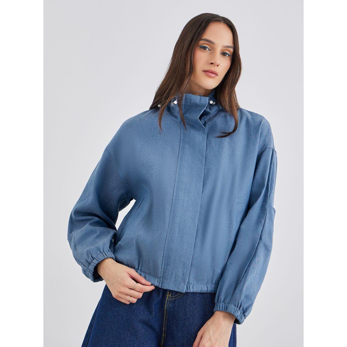 Styli Women Medium Blue Regular Fit Denim Bomber Jacket-women-winterwear-coatsandjackets-jackets-image-3