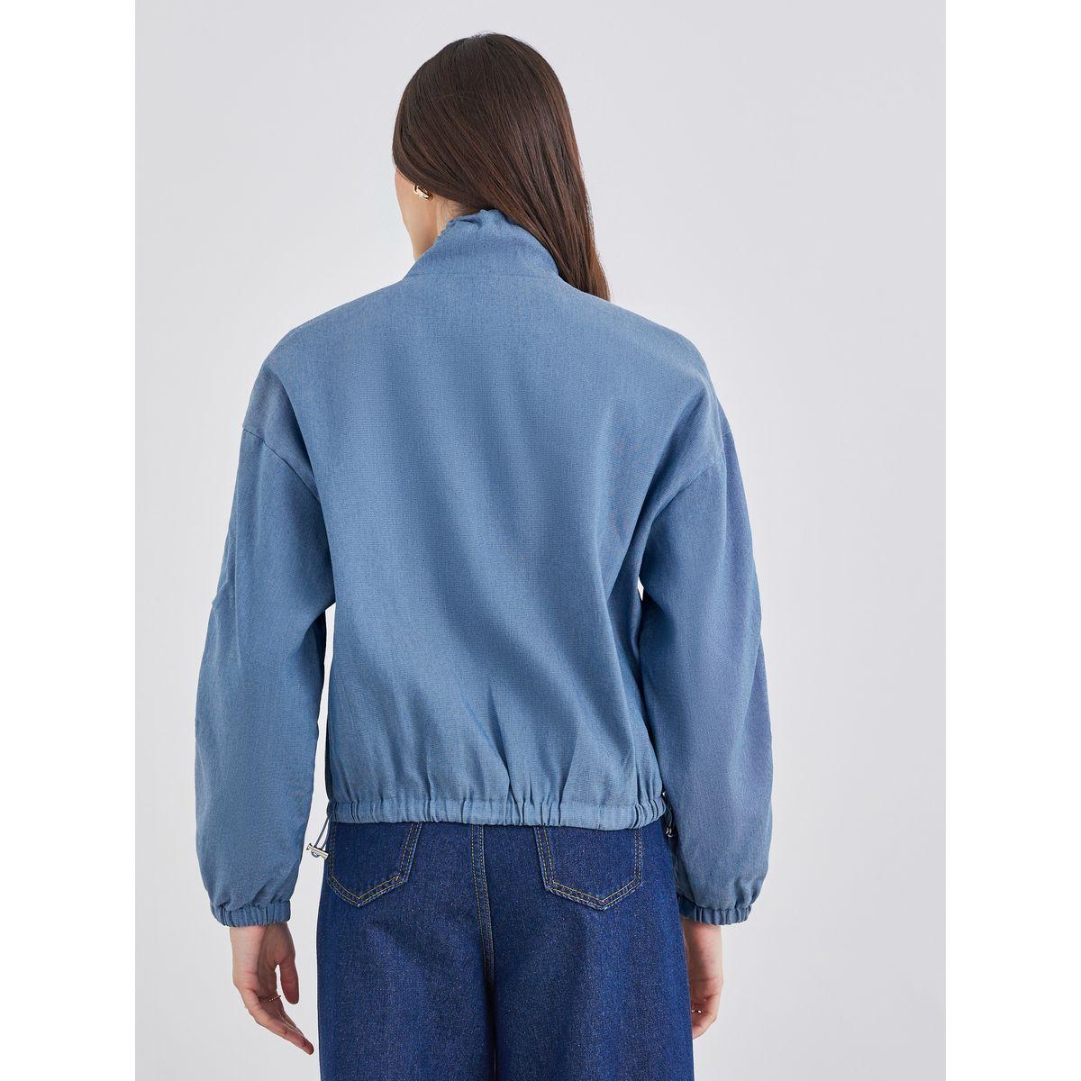 Styli Women Medium Blue Regular Fit Denim Bomber Jacket-women-winterwear-coatsandjackets-jackets-image-5
