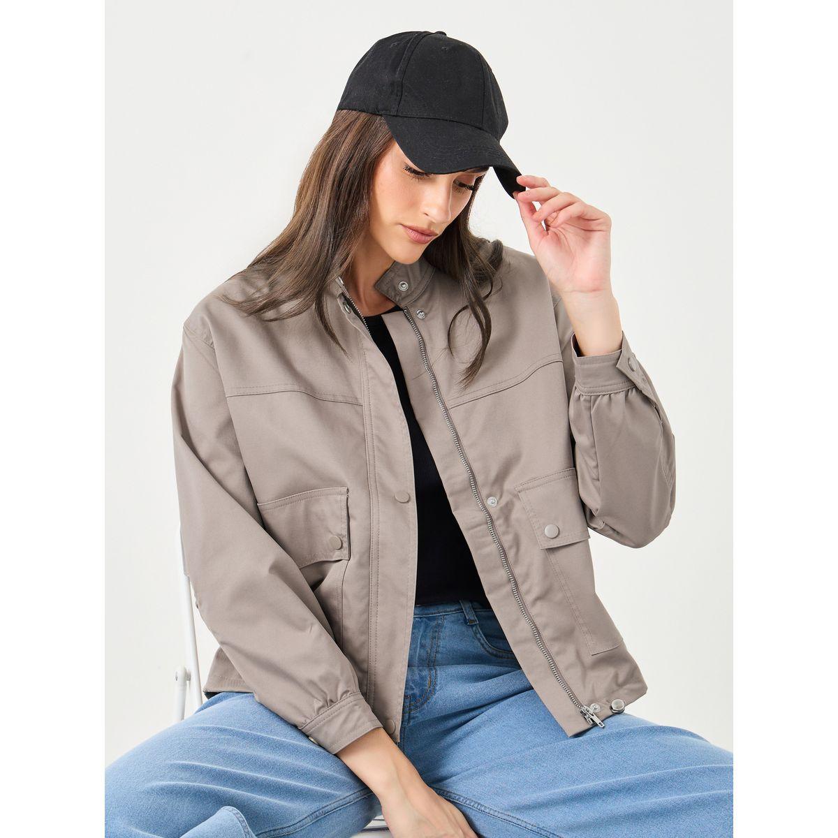 Styli Women Brown Regular Fit Bomber Jacket with Pockets-women-winterwear-coatsandjackets-jackets-image-1