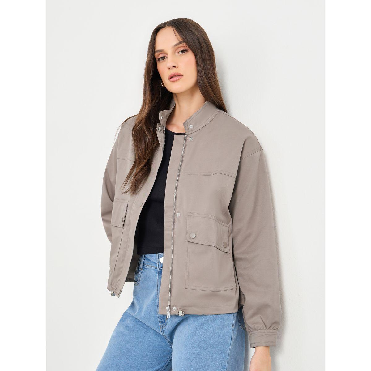 Styli Women Brown Regular Fit Bomber Jacket with Pockets-women-winterwear-coatsandjackets-jackets-image-3