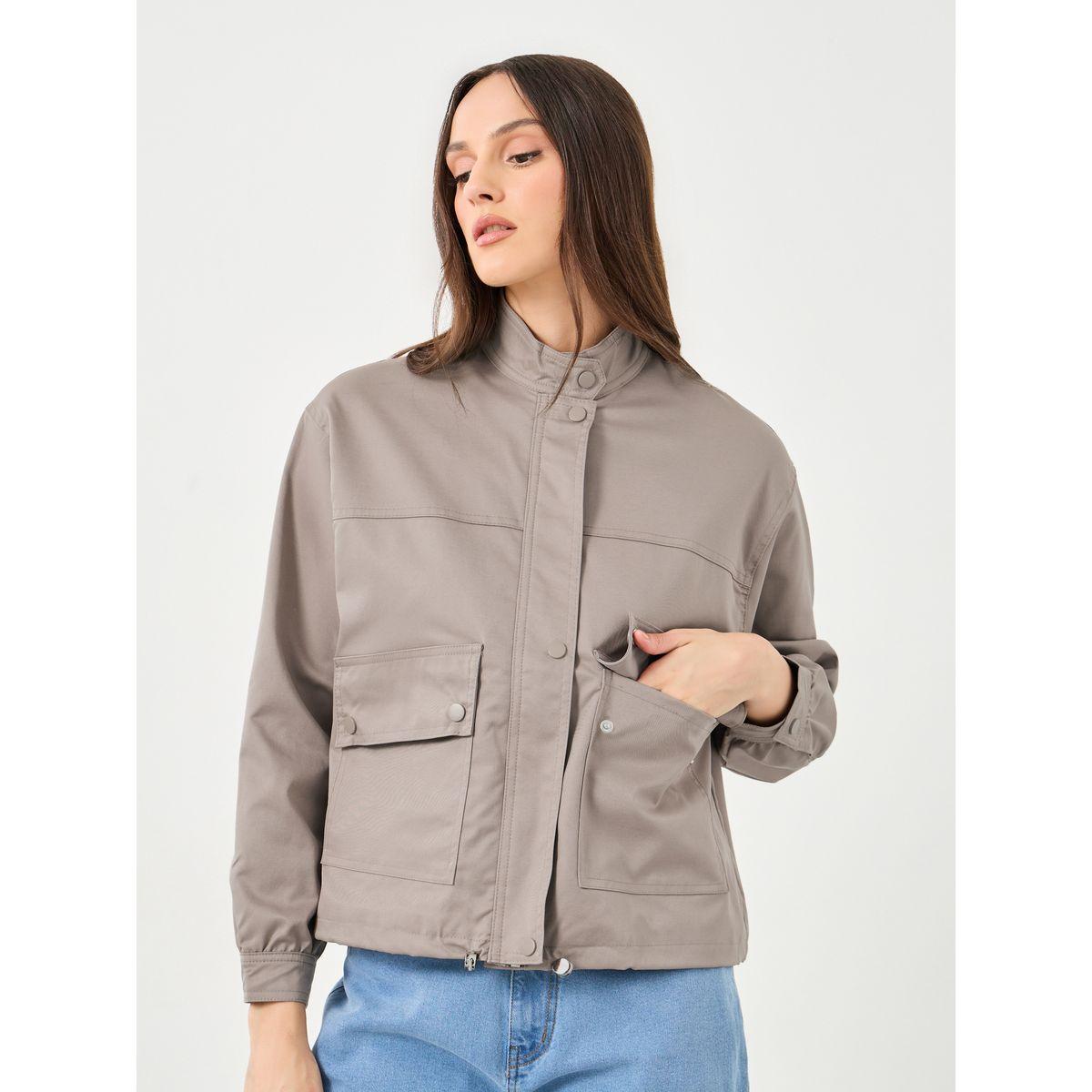 Styli Women Brown Regular Fit Bomber Jacket with Pockets-women-winterwear-coatsandjackets-jackets-image-4