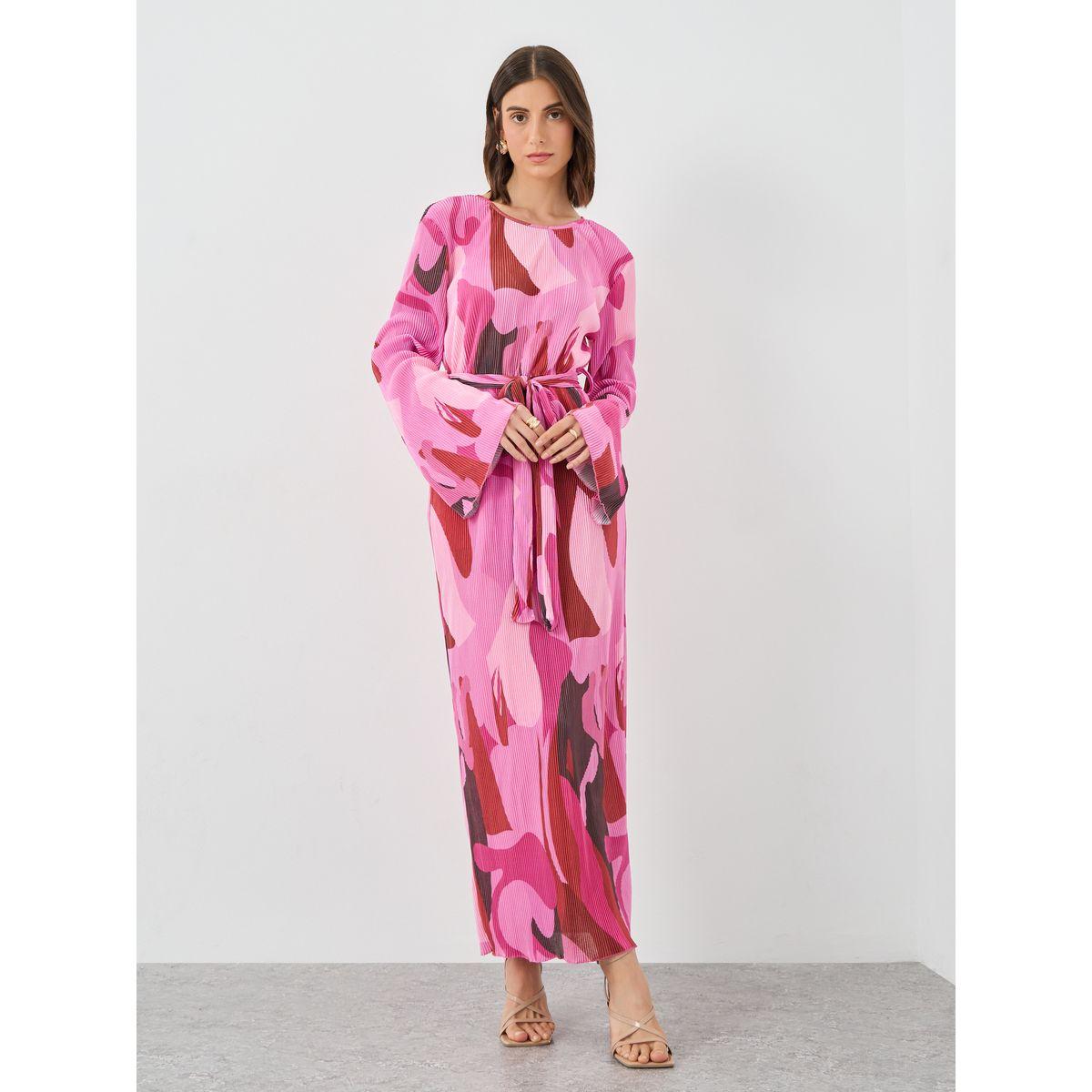 Styli Pink Abstract Print Plisse Maxi Dress-women-clothing-dresses-image-1