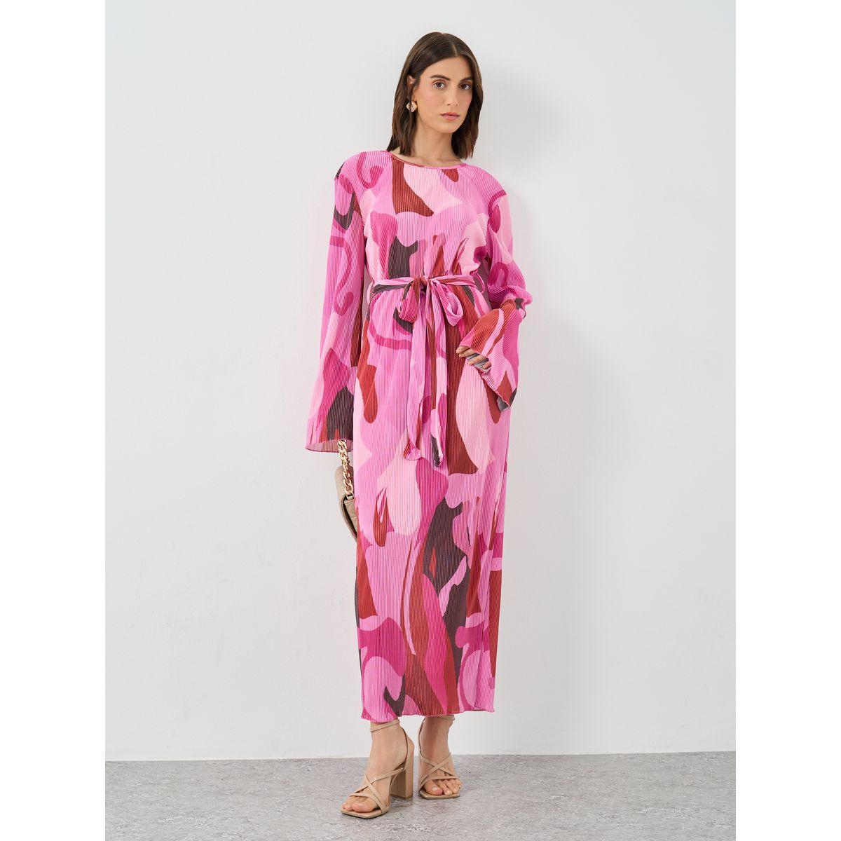 Styli Pink Abstract Print Plisse Maxi Dress-women-clothing-dresses-image-2