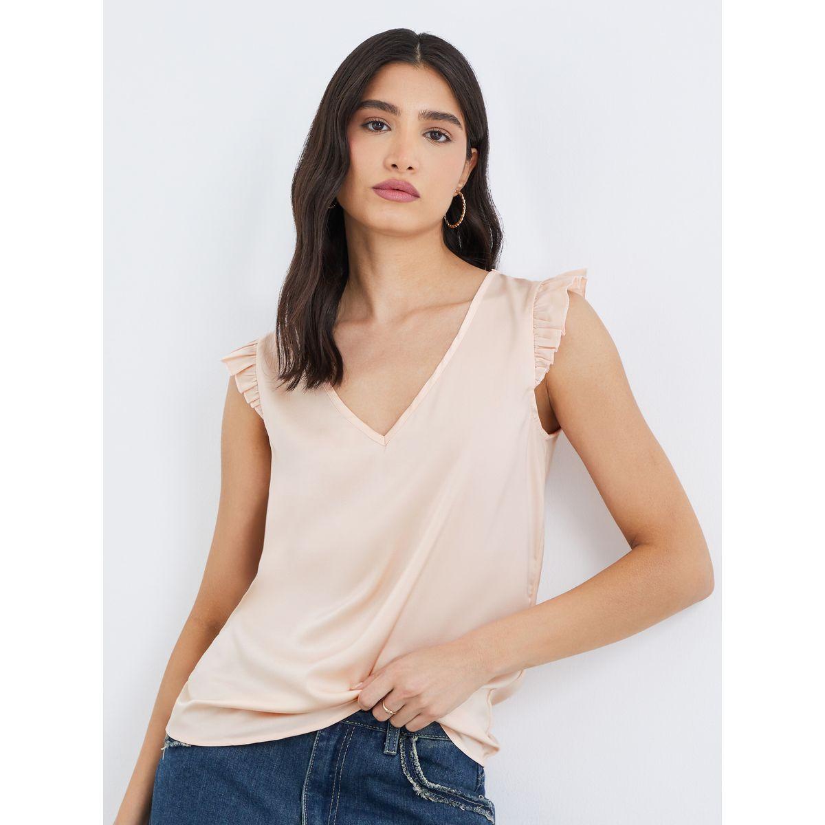 Styli Women Pink Ruffle Sleeve V Neck Blouse-women-clothing-shirtsandblouses-blouses-image-1