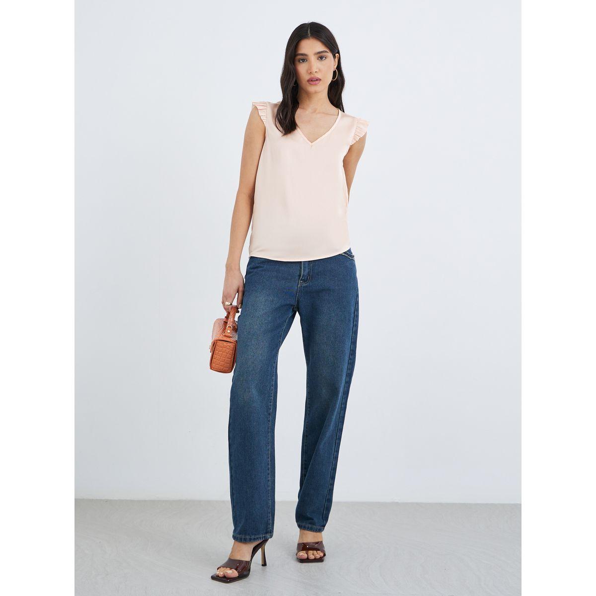 Styli Women Pink Ruffle Sleeve V Neck Blouse-women-clothing-shirtsandblouses-blouses-image-2