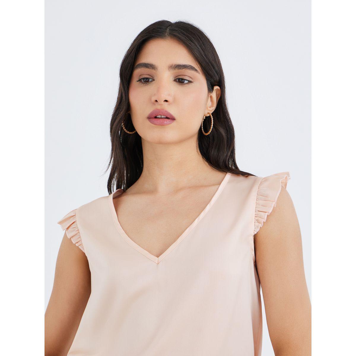 Styli Women Pink Ruffle Sleeve V Neck Blouse-women-clothing-shirtsandblouses-blouses-image-3