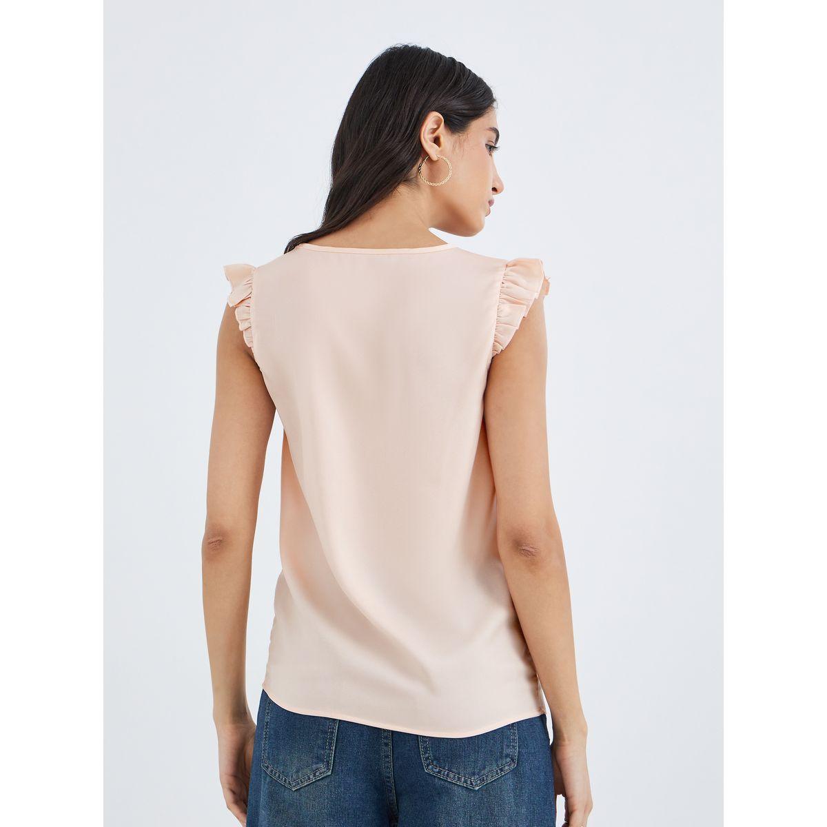 Styli Women Pink Ruffle Sleeve V Neck Blouse-women-clothing-shirtsandblouses-blouses-image-4