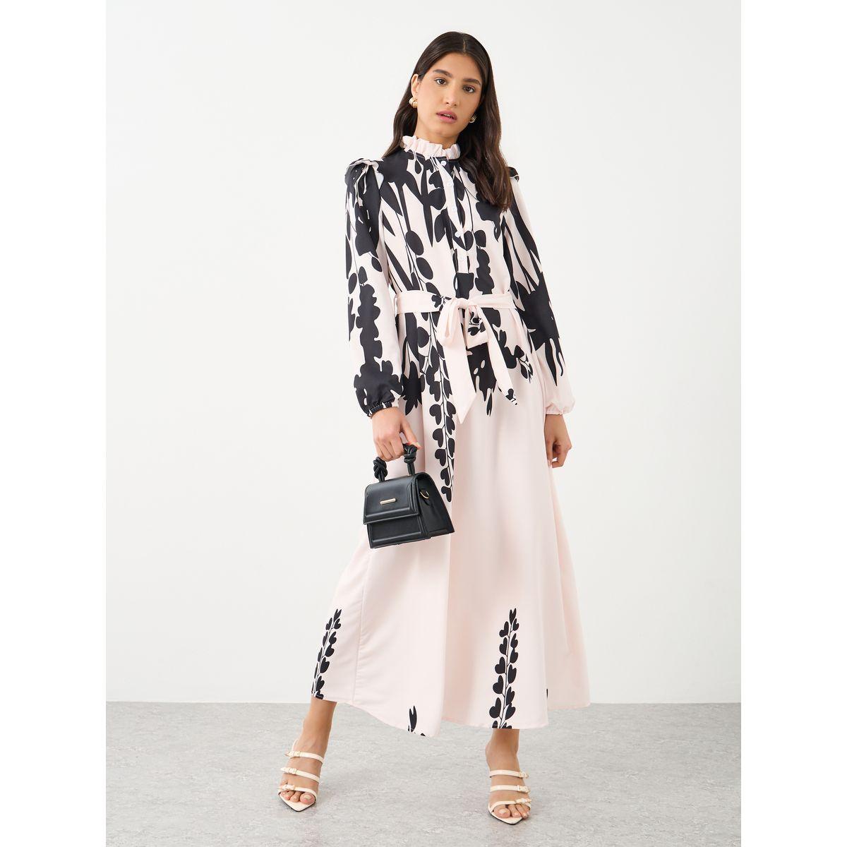 Styli Women Printed Belted Waist A-Line Maxi Dress with Button Front-women-clothing-dresses-image-1