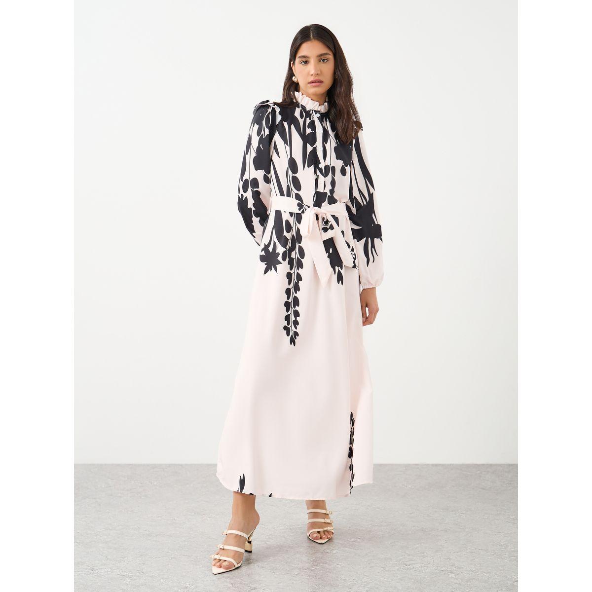 Styli Women Printed Belted Waist A-Line Maxi Dress with Button Front-women-clothing-dresses-image-2