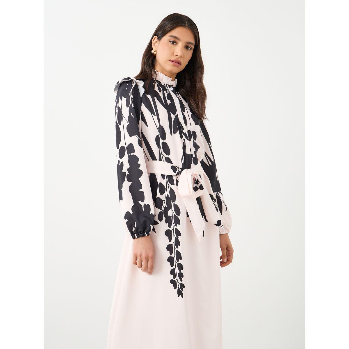 Styli Women Printed Belted Waist A-Line Maxi Dress with Button Front-women-clothing-dresses-image-4