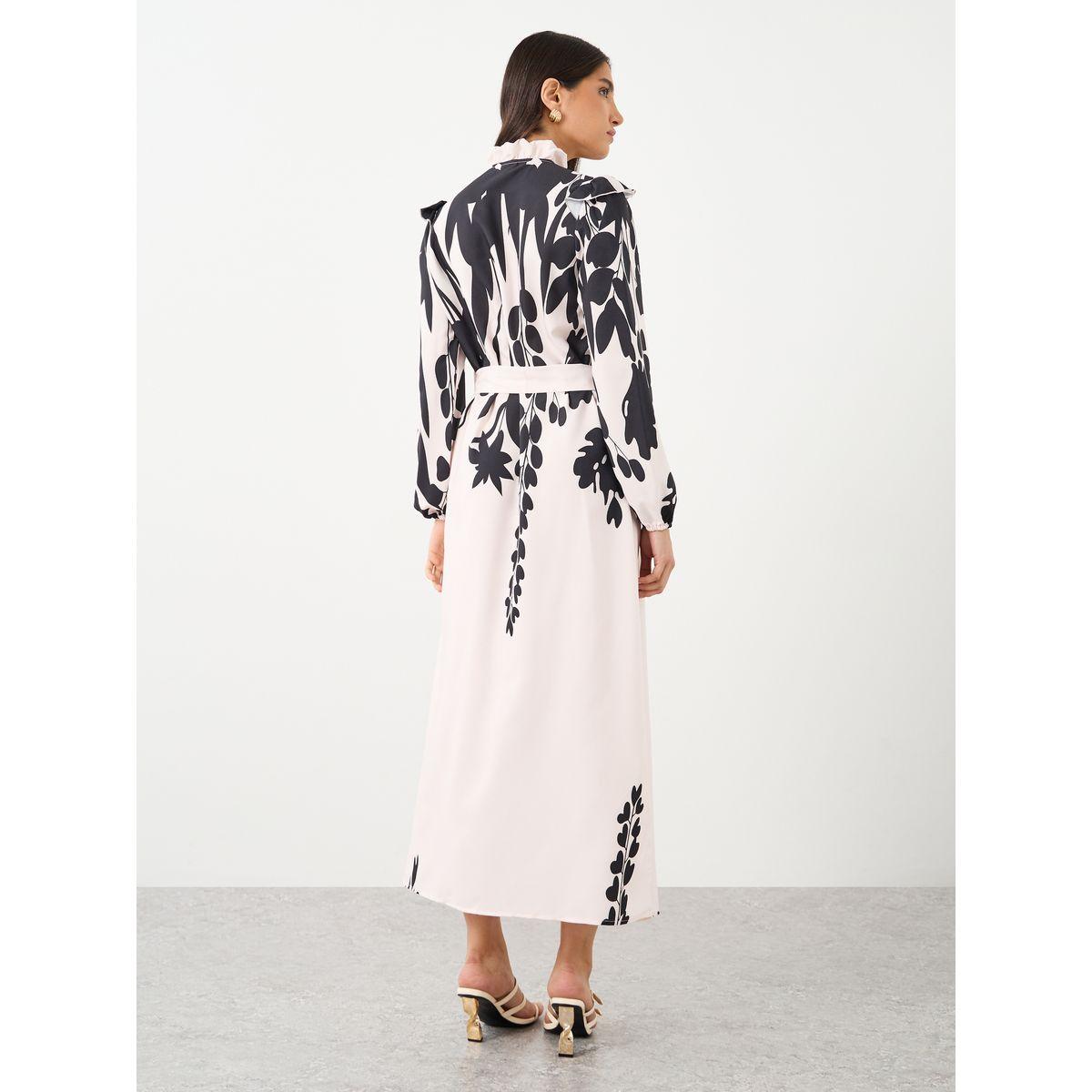 Styli Women Printed Belted Waist A-Line Maxi Dress with Button Front-women-clothing-dresses-image-5