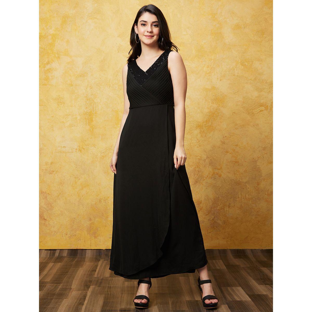 Globus Women Black Embellished V Neck A-Line Maxi Dress with Pin Tuck-women-clothing-dresses-image-2