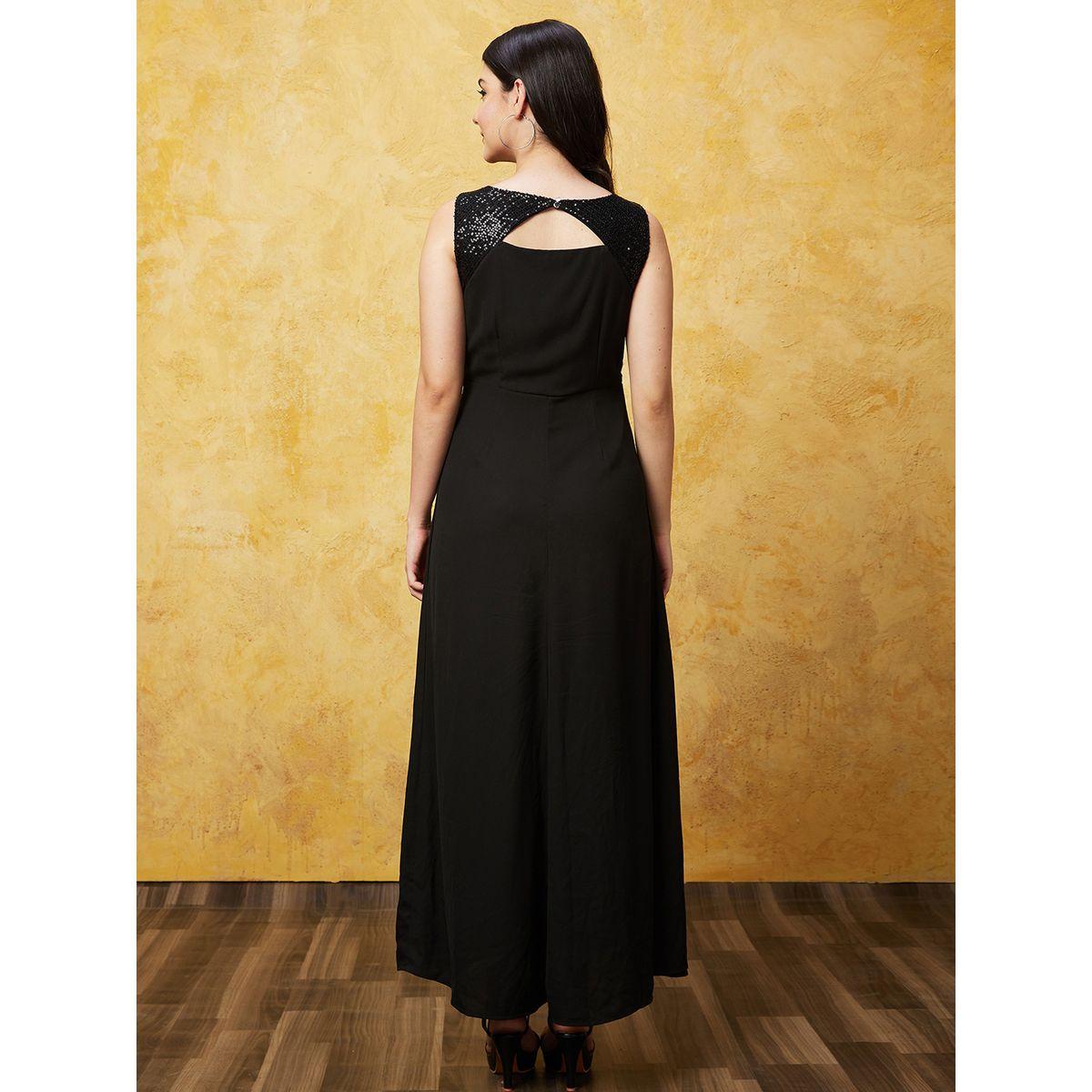 Globus Women Black Embellished V Neck A-Line Maxi Dress with Pin Tuck-women-clothing-dresses-image-3