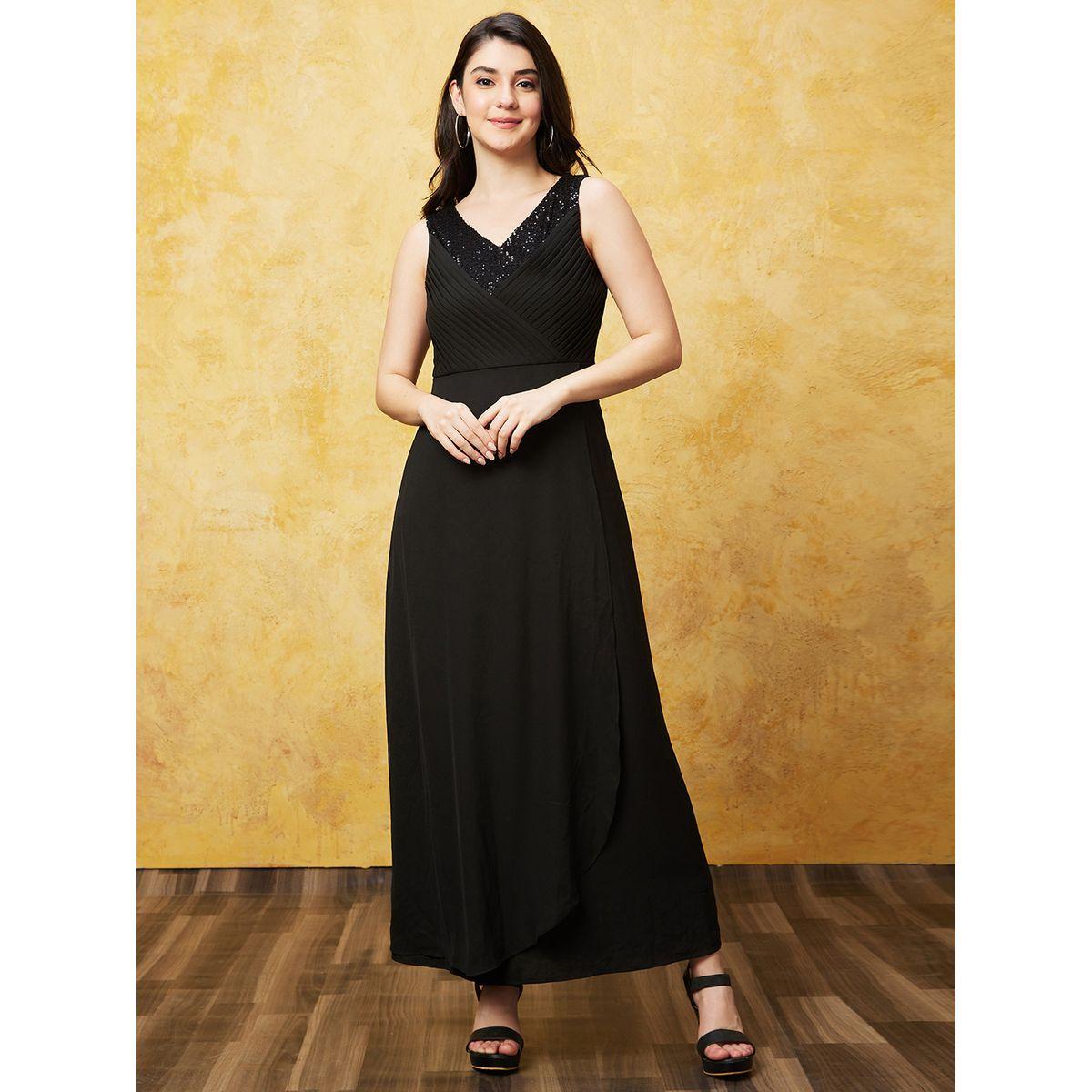 Globus Women Black Embellished V Neck A-Line Maxi Dress with Pin Tuck-women-clothing-dresses-image-5