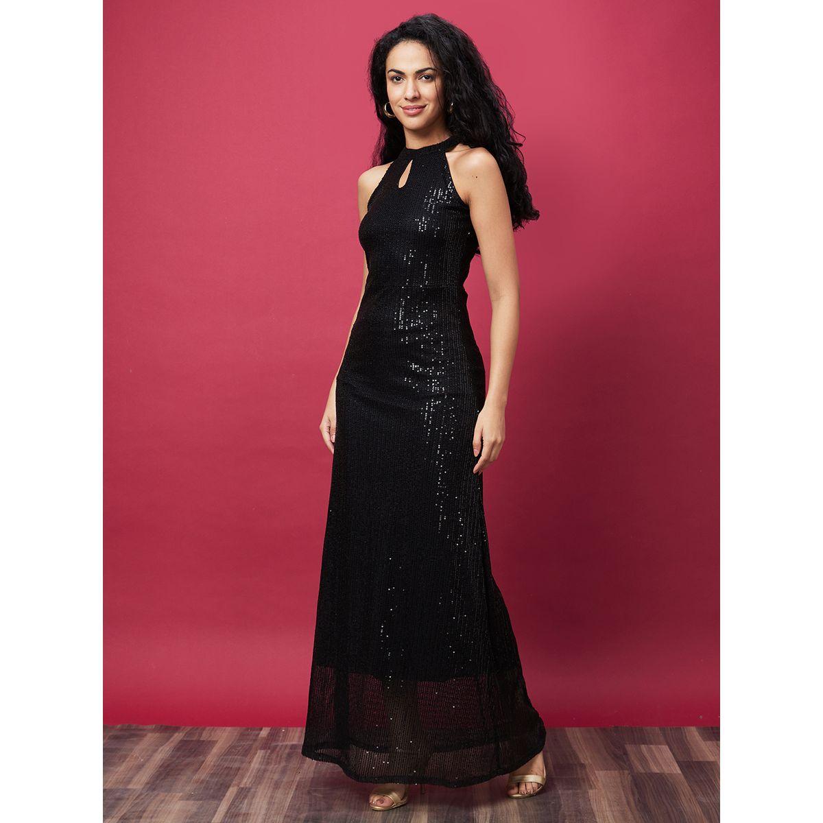 فستان طويل منمق بياقة هولتر مع شق-women-clothing-dresses-image-2