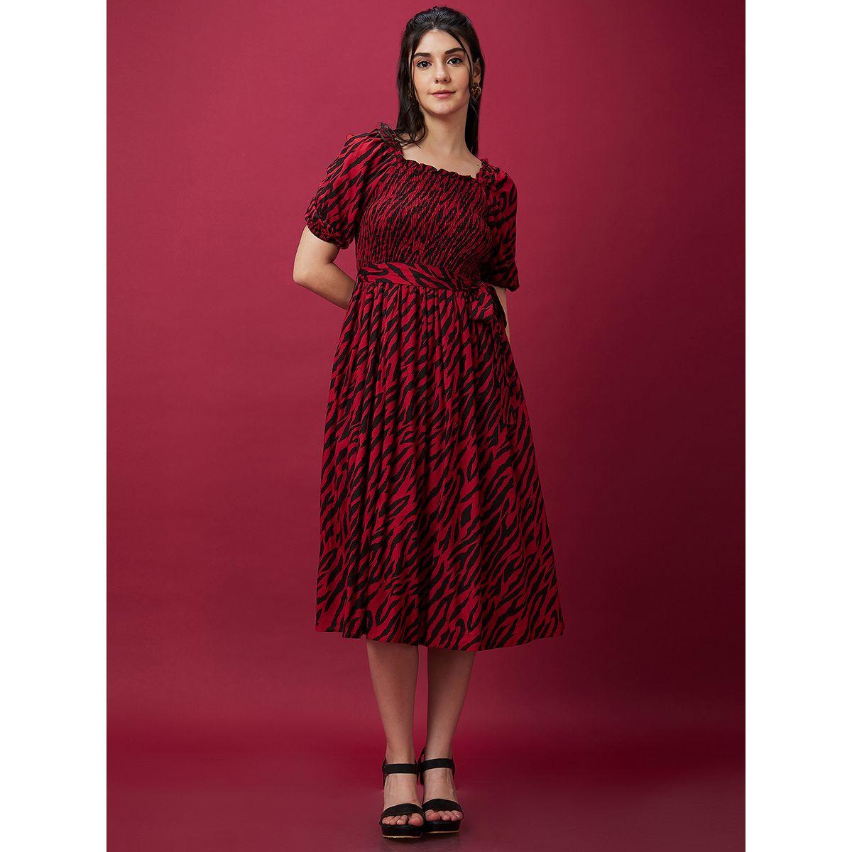 Globus Women Zebra Print Smocked A-Line Midi Dress with Belted Waist-women-clothing-dresses-image-2